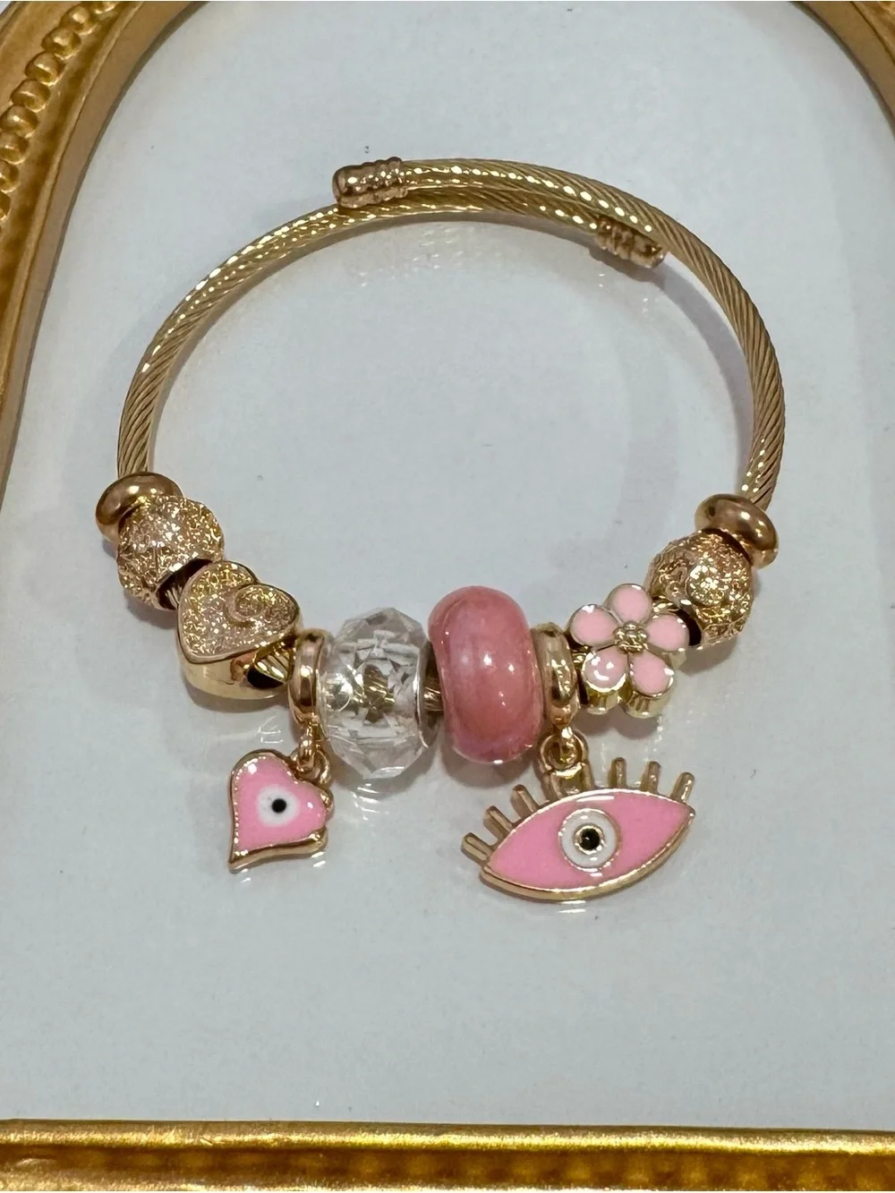 New Gold-Tone Cuff Pink Charm Bracelet with Enamel Eye & Heart Charms